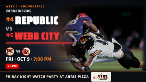 Republic #42 makes a flying tackle on a Joplin runner. Football: Webb City at Republic, Friday Oct 9, 7:00 PM, live on Republic Tiger Sports.